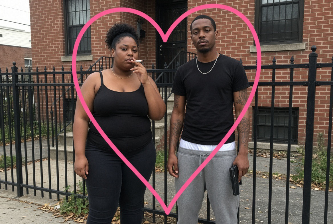 A couple standing by a black fence