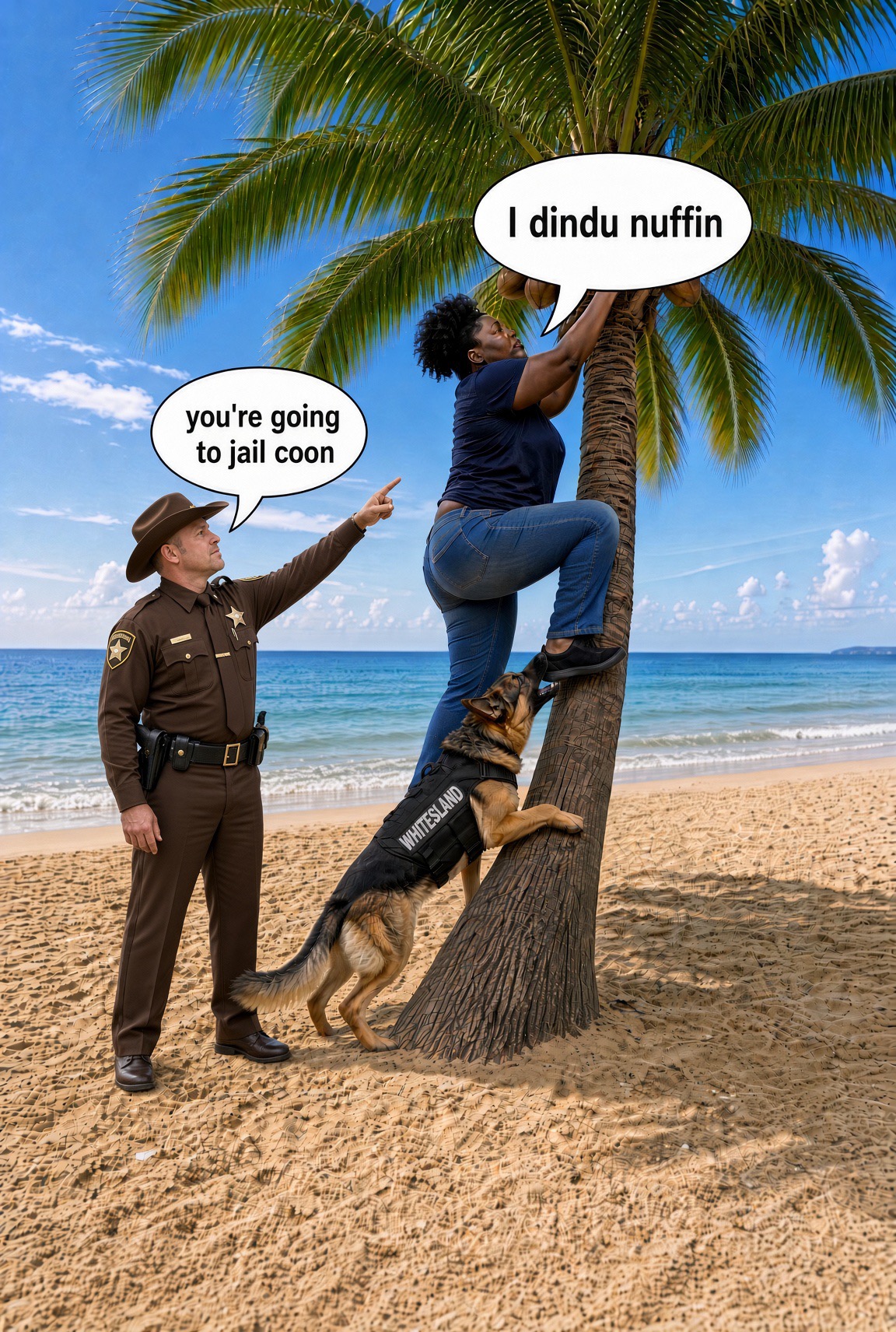 A sheriff and dog confronting a woman climbing a palm tree on a beach